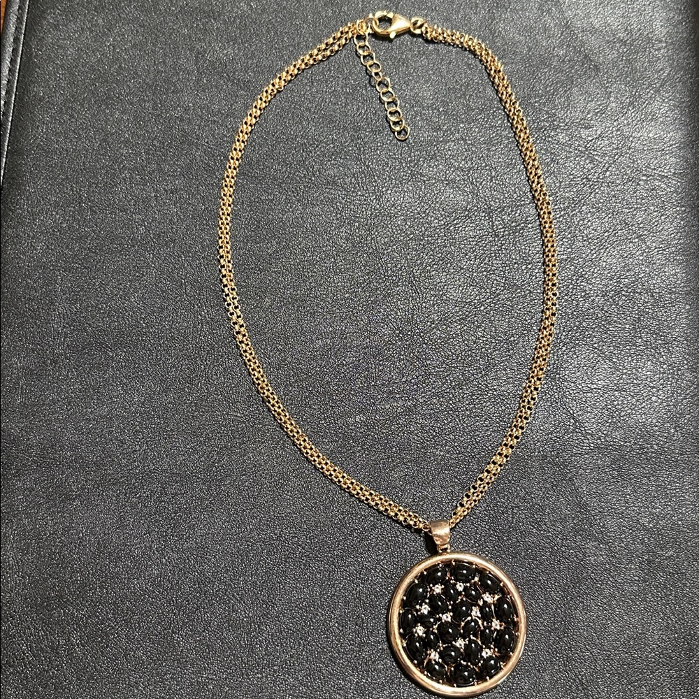 Bronze Milor Italy Black Cabochon & Faceted Gemstones Pendant Vintage Necklace
